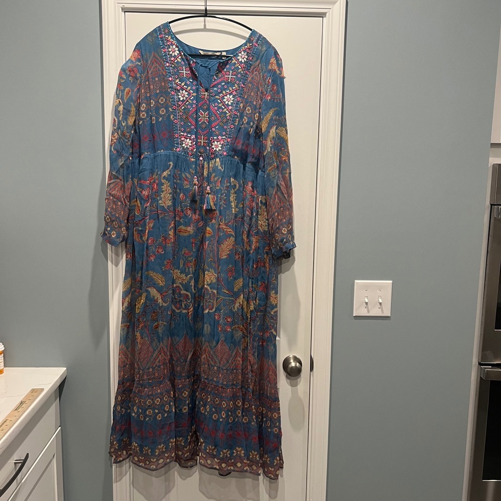 Soft Surroundings Maxi Dress Womens XL Blue Floral Embroidered Beaded Boho 2EK98